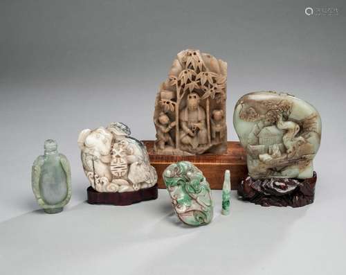 FIVE JADE CARVINGS AND ONE SOAPSTONE CARVING