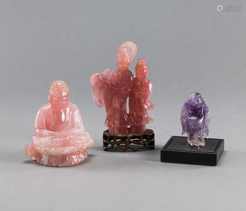 TWO ROSE QUARTZ AND ONE AMETHYST CARVING OF BUDDHA AND TWO L...