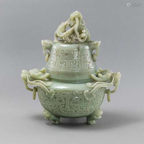 A LARGE JADE CENSER AND COVER WITH DRAGON HANDLES