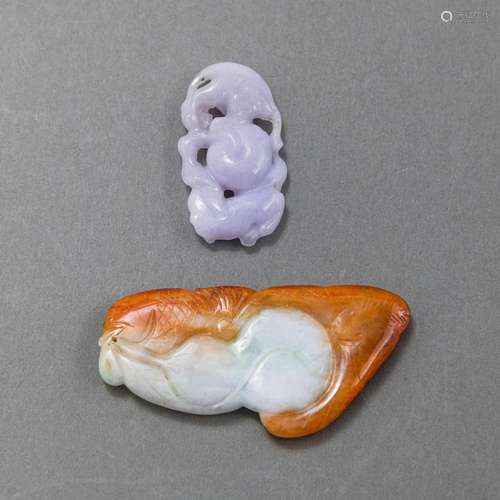 TWO JADEITE PENDANTS WITH MONKEY AND BAT