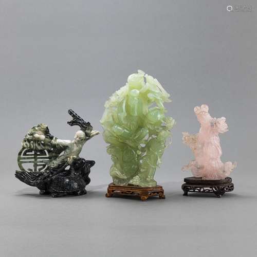 THREE FIGURAL CARVINGS OF ROSE QUARTZ AND OTHERS