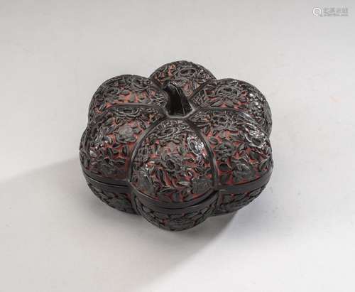 A LOBED PUMPKIN-SHAPED LACQUER BOX AND COVER