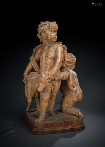 A NICE PAIR GROUP OF TWO PUTTI WITH A HE-GOAT