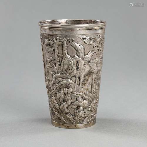 AN EXPORT SILVER CUP WITH LADIES AND BOYS IN RELIEF