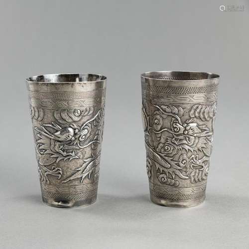 TWO DRAGON RELIEF SILVER CUPS