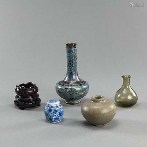 A CLOISONNÈ, GLASS, AND CELADON VASE, AND A BLUE AND WHITE M...