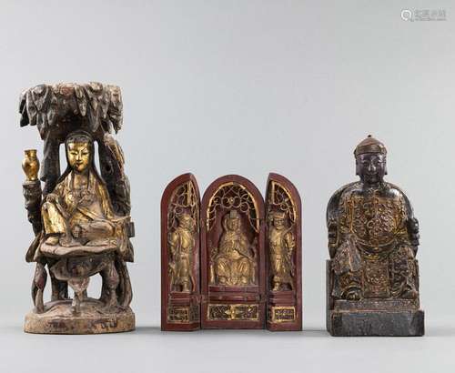 TWO WOODEN FIGURES AND A WOODEN TRAVEL SHRINE WITH LACQUER S...