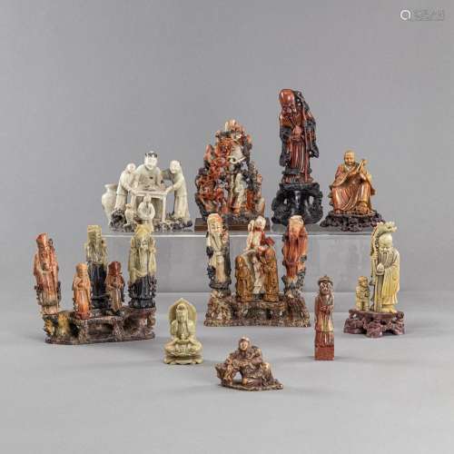 A GROUP OF TEN FIGURAL SOAPSTONE CARVINGS