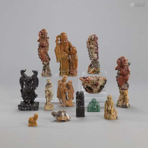 A GROUP OF SOAPSTONE CARVINGS OF SHOULAO, A TORTOISE AND OTH...