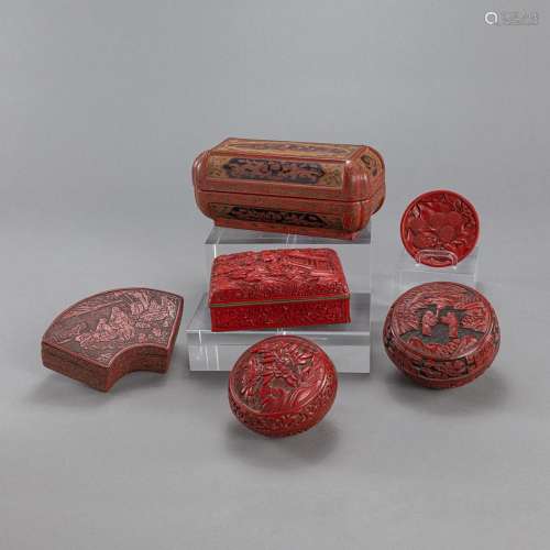 FIVE BOXES AND COVERS AND A DISH WITH RED-LACQUER DECORATION