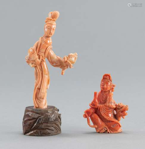 TWO CARVED CORAL FIGURES OF A DANCER AND GUANYIN