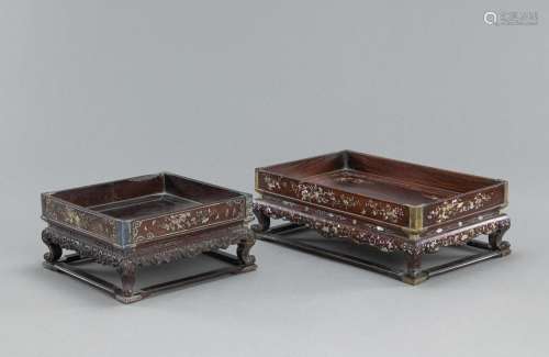 TWO MOTHER-OF-PEARL-INLAID WOOD TRAYS