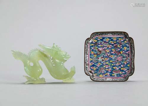 A SMALL ENAMEL DISH AND A CARVED DRAGON