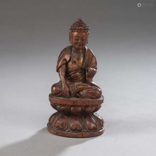 A WOOD FIGURE OF BUDDHA SHAKYAMUNI