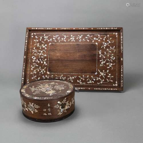 A MOTHER-OF-PEARL-INLAID TRAY AND BOX AND COVER