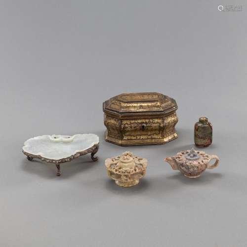 A GROUP OF WORKS OF ART WITH TEXTILES, BRONZES, BOXES AND LA...