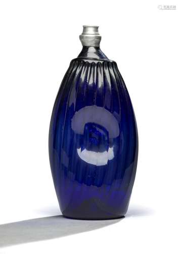 AN ALPINE PEWTER MOUNTED BLUE GLASS "NABEL" FLASK