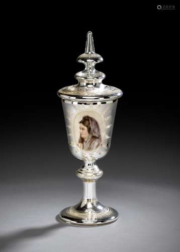 A RARE AND LARGE BOHEMIAN SILVER GLASS CUP AND COVER