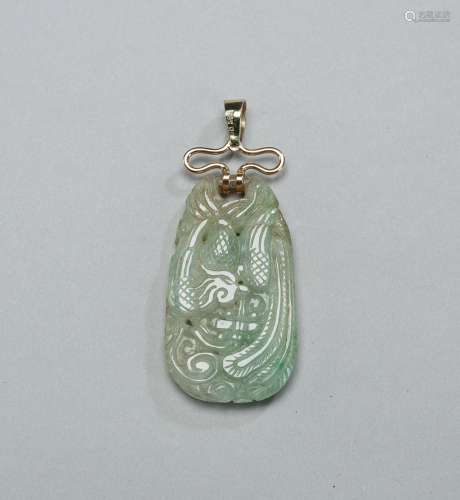 A CARVED JADEITE DRAGON AND PHOENIX PENDANT WITH GOLD FITTIN...