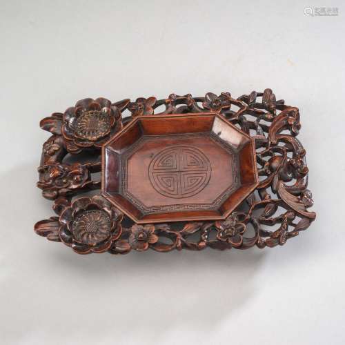 A WOOD TRAY CARVED WITH BAT, DRAGON, AND LOTUS