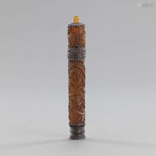 A HORN AND AMBER INCENSE CASE