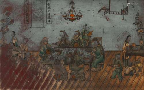A LACQUER PAINTING DEPICTING OFFICALS HAVING A MEAL
