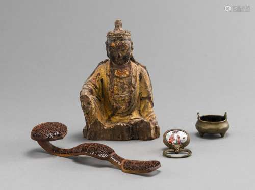 A GROUP OF WORKS OF ART WITH A BELT BUCKLE, A WOOD GUANYIN, ...