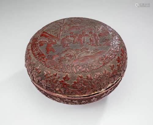 A LARGE CINNABAR-LACQUER 'PLAYING BOYS' BOX AND CO...