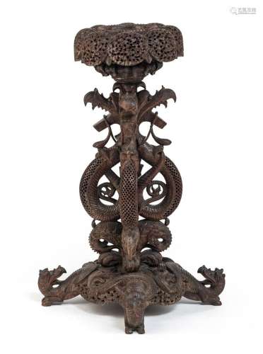 WOODEN COLUMN CARVED WITH EIGHT DRAGONS AND FOLIAGE TENDRILS
