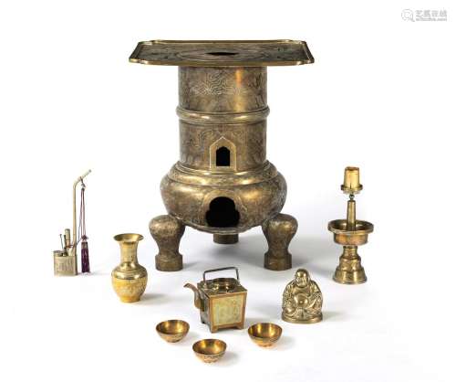 GROUP OF EIGHT SMALL BRASS WORKS AND A LARGE OVEN