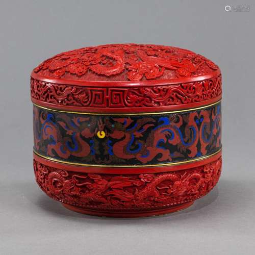 A THREE-PART LACQUER AND CLOISONNÉ DRAGON BOX AND COVER