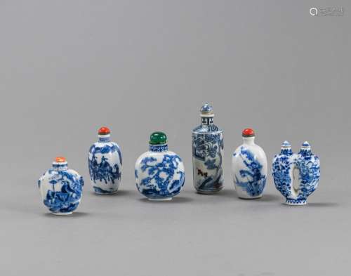 SIX SNUFFBOTTLES WITH UNDERGLAZE BLUE AND PARTLY COPPER RED ...