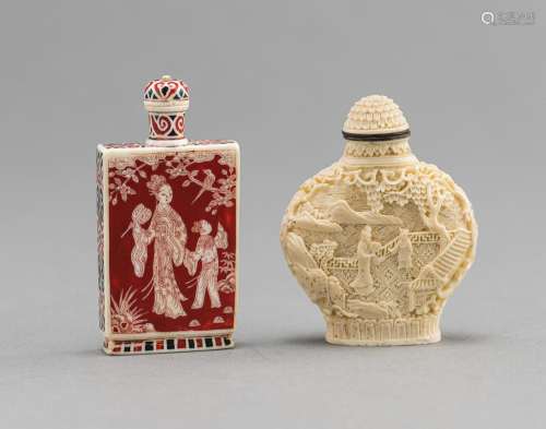 TWO SNUFFBOTTLES MADE OF IVORY/BONE, COLORED OR CARVED