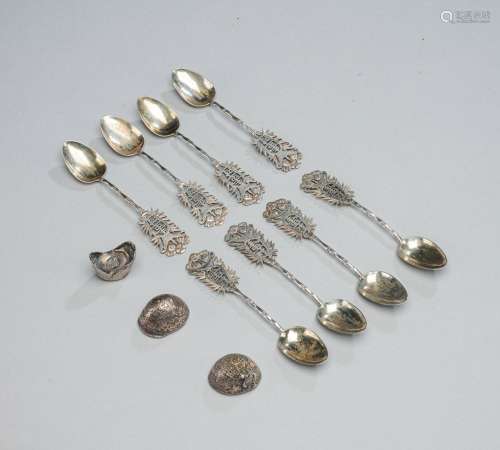 THREE SMALL SILVER BARS AND EIGHT SILVER SPOONS WITH 'S...