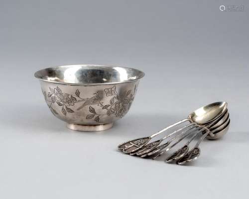 SIX SILVER SPOONS AND A BOWL