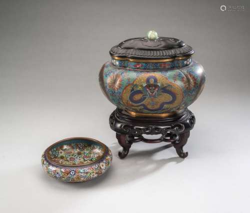 A QUADRILOBED CLOISONNÉ DRAGON VESSEL AND A SMALLER FLORAL B...