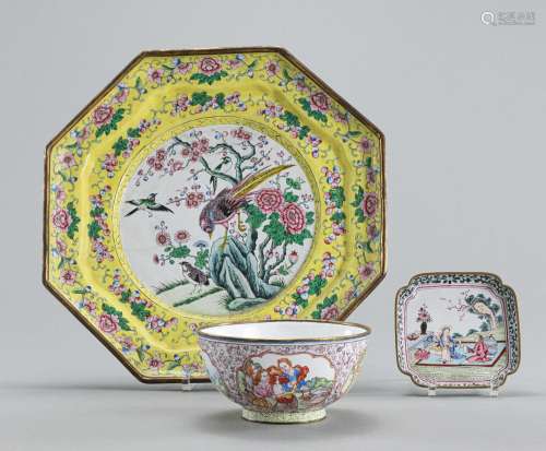 THREE CANTON-ENAMELLED EXPORT DISHES AND A BOWL WITH FOREIGN...