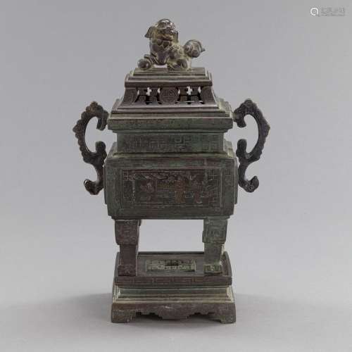 AN INLAID BRONZE CENSER WITH STAND AND FO-LION HANDLE