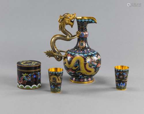 A DRAGON-HANDLED CLOISONNÉ EWER WITH A LIDDED BOX AND TWO CU...