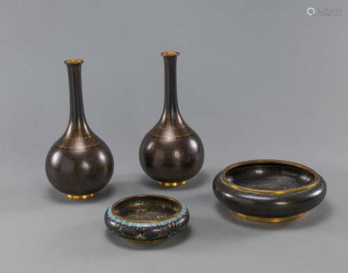 TWO CLOISONNÉ BOTTLE VASES AND TWO BOWLS