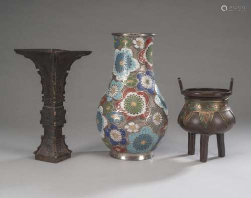 A GU-SHAPED BRONZE VASE AND TWO CHAMPLEVE BRONZES