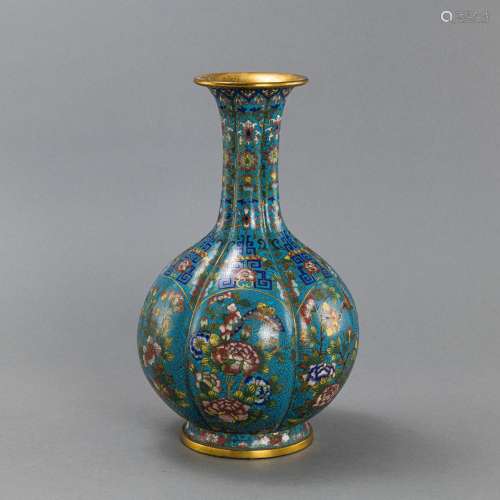 A SIX-LOBED 'FLOWERS AND BIRDS' CLOISONNÉ BOTTLE V...