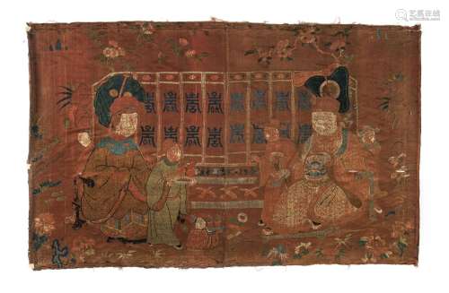 A SILK EMBROIDERY WITH IMMORTALS AND DAOIST SCENERY