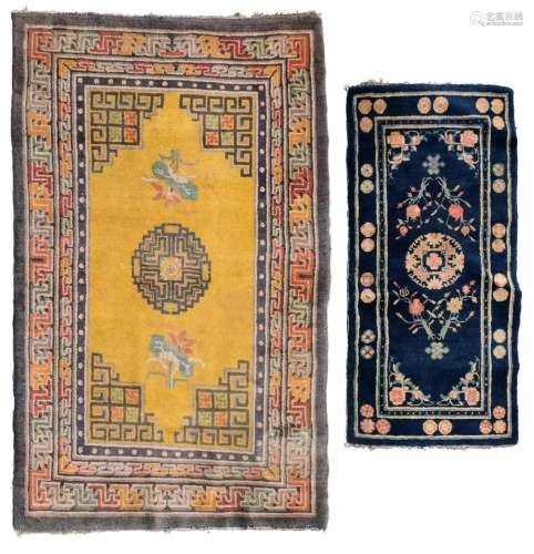 TWO YELLOW- AND BLUE-GROUND MEDALLION RUGS