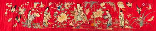 A RED SATIN SILK EMBROIDERED PELMET WITH BOY RIDING A QILIN ...