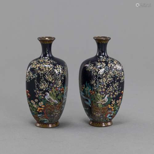 A PAIR OF SMALL 'FLOWERS AND BIRD' CLOISONNÉ VASES