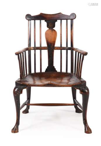 A GEORGE II ASH, ELM AND FRUITWOOD WINDSOR ARMCHAIR, PROBABL...