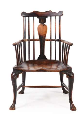 A GEORGE II ASH, ELM AND FRUITWOOD WINDSOR ARMCHAIR, PROBABL...