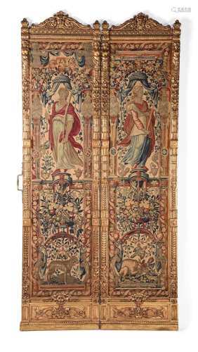 A CARVED GILTWOOD FOUR-FOLD SCREEN WITH FLEMISH TAPESTRY PAN...