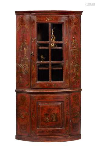 A GEORGE I RED LACQUER AND GILT CHINOISERIE DECORATED CORNER...